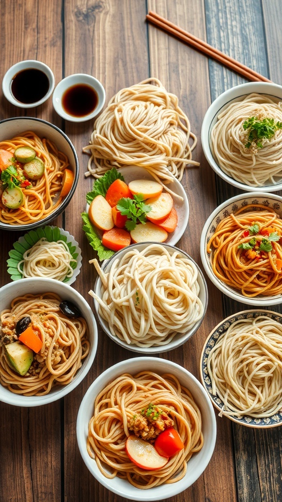 An assortment of noodles including spaghetti, udon, and rice noodles with vegetables and sauces on a wooden table.